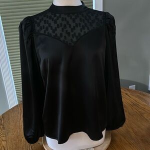 Pleione black dressy blouse.  High neck, sheer details, long sleeves. Size Large